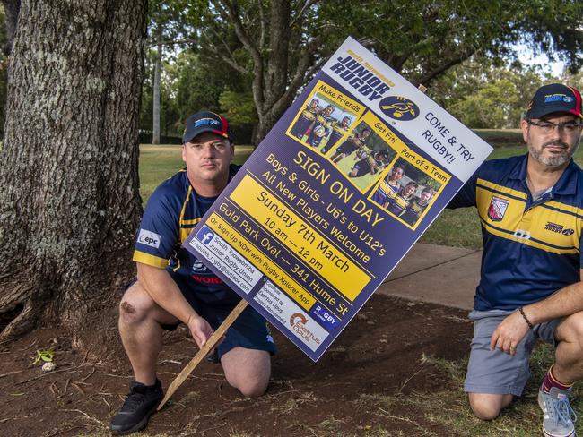 Souths Junior Rugby Union club's Stuart Standeaven (left) and Alistair Brodie-Fraser are concerned the club's corflute signs have been vandalised.  Monday 22nd Feb 2021. Picture: Nev Madsen