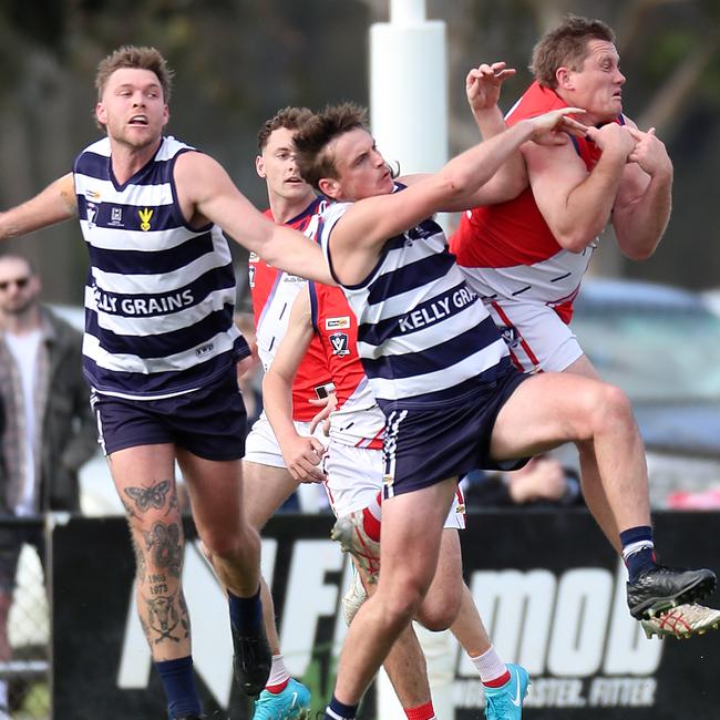 Congupna’s Daniel Campbell marks over Finley’s Jesse White.