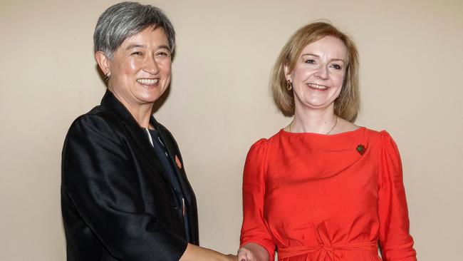 Foreign Secretary Liz Truss, right, with Australian Foreign Minister Penny Wong at the G20 Foreign Ministers Meeting in Bali on Thursday. Picture: Pool / AFP