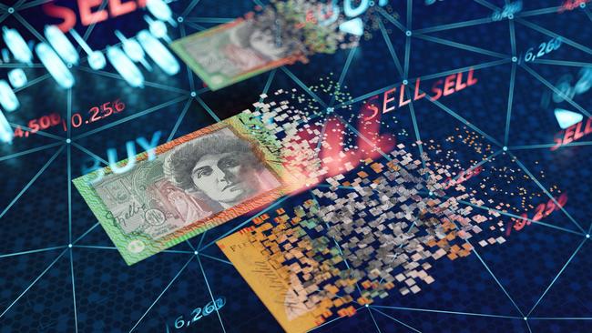 Digital Australian Dollars Cryptocurrency or Money Transfer Concepts; Exchange traded funds, ETF generic Australian money volatile investing