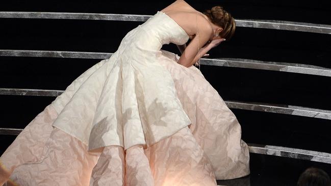 Actress Jennifer Lawrence famously fell up the stairs at the 2013 Oscars. Picture: Kevin Winter/Getty Images