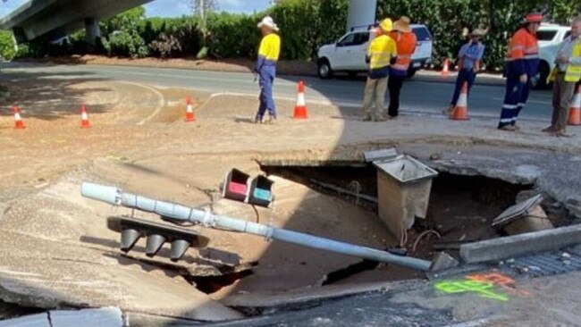 A large sinkhole has formed on Sunshine Boulevard near Pacific Fair.