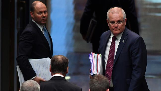 Treasurer Josh Frydenberg and Prime Minister Scott Morrison on Tuesday. Picture: Getty