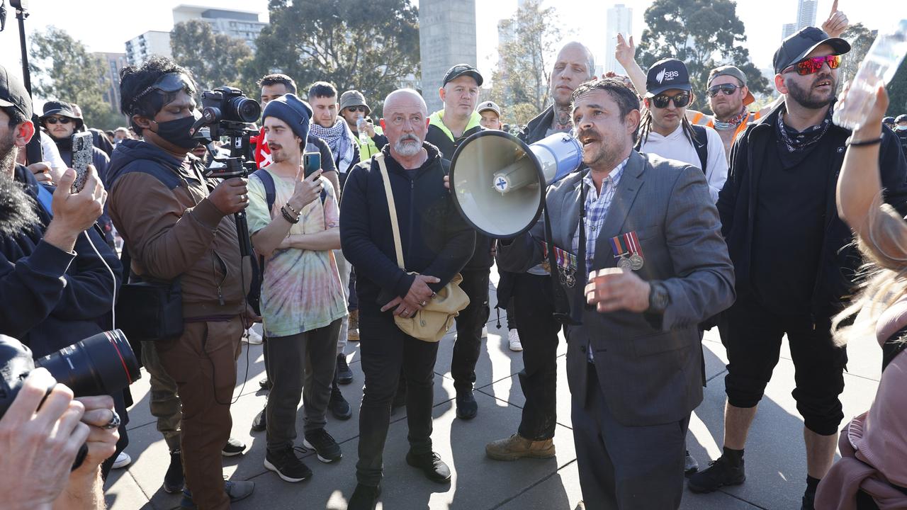 Wade Harrison was on the megaphone at the Shrine. Picture: Alex Coppel.