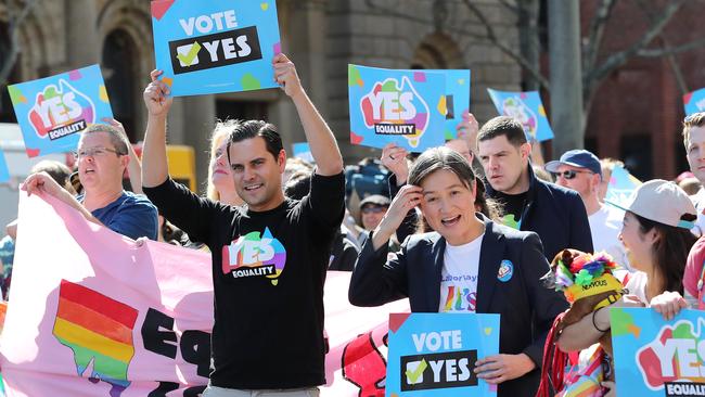 Same sex marriage supporters, including Senator Penny Wong, marched down King William Street to Victoria Square in Adelaide. Picture: Dylan Coker