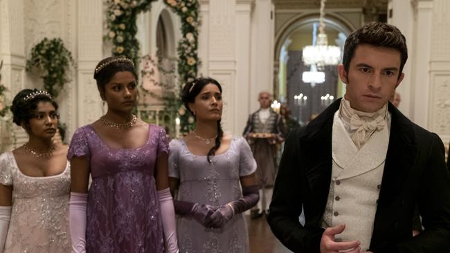 Charithra Chandran as Edwina Sharma, Simone Ashley as Kate Sharma, Shelley Conn as Mary Sharma, Jonathan Bailey as Anthony Bridgerton in the new season. Picture: Liam Daniel/Netflix