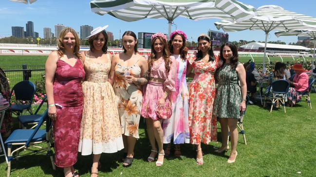 Carolyn, Nicola, Jade, Amanda, Maddie and Nada at the 2024 Crown Oaks Day, held at Flemington Racecourse. Picture: Gemma Scerri