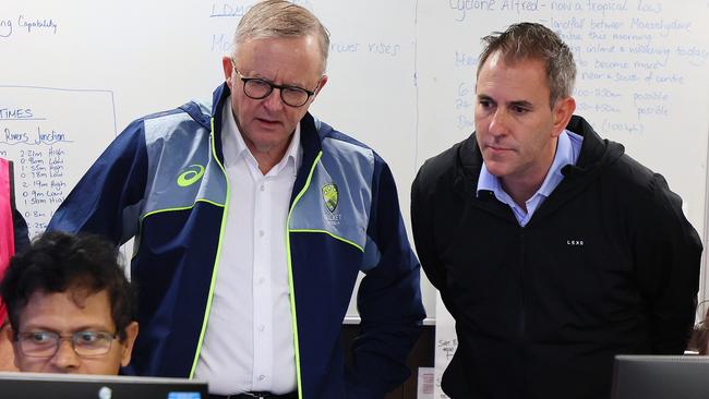 Prime Minister Anthony Albanese (left) and Treasurer Jim Chalmers in Brisbane during Tropical Cyclone Alfred