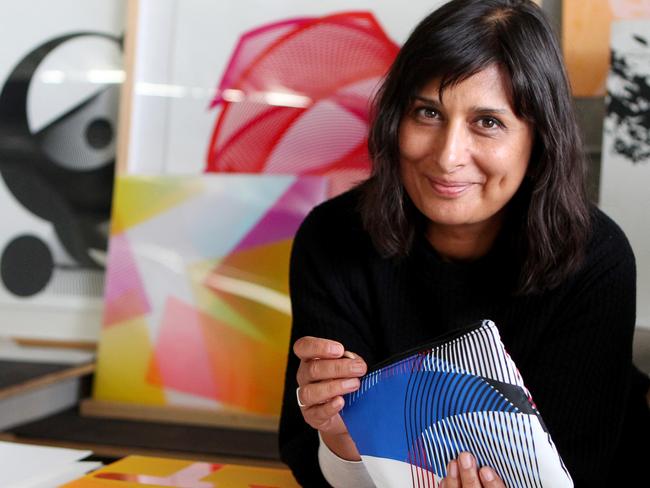 11/04/2017: Artist Kate Banazi with some of her works at her studio in Sydenham on Tuesday. Kate's work has been chosen for Qantas Curates, a program by the airline to promote Australian artists by using artworks on inflight amenity kits. Hollie Adams/The Australian