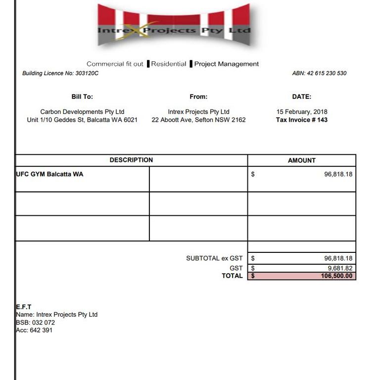 Intrex Projects, which charged this $106,000 invoice to a franchise, was run by the brother-in-law of one of UFC Gym’s directors.