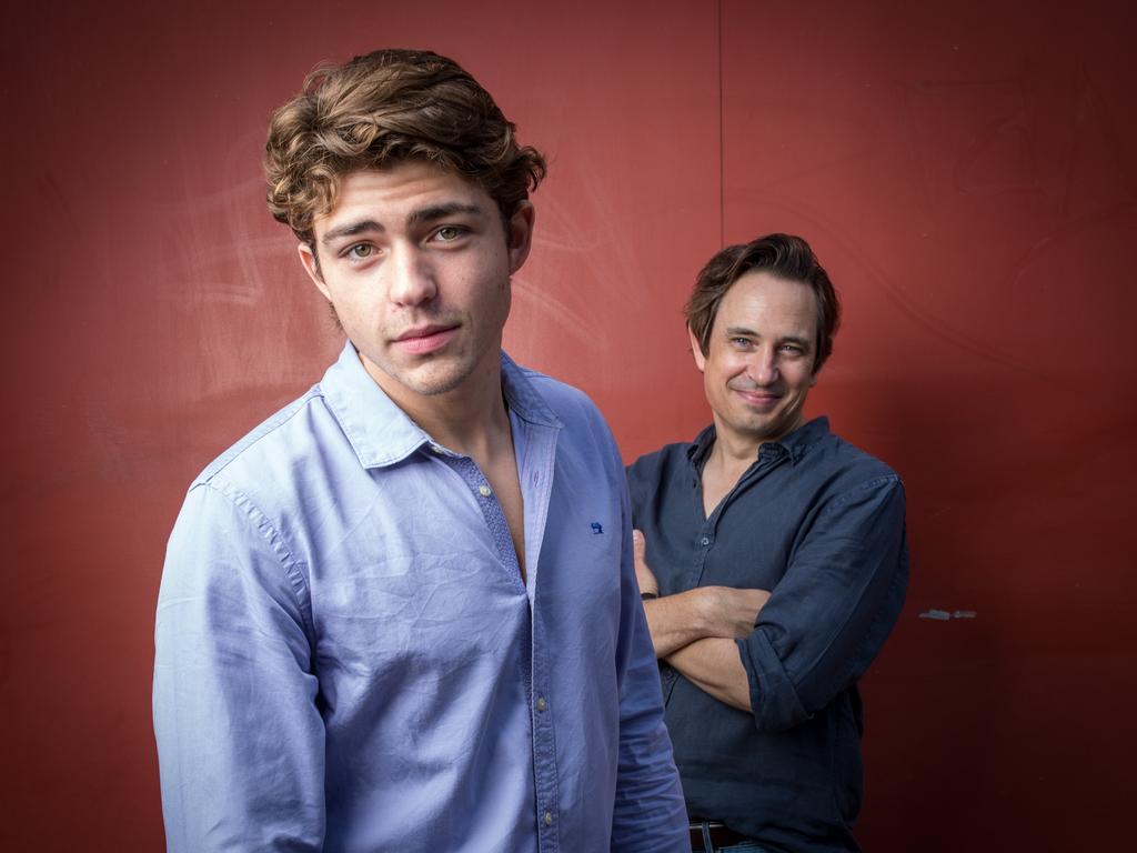 Actor Joe Klocek, front, and Boy Swallows Universe author Trent Dalton. Klocek has the lead role in the novel’s stage adaptation. Photo: David Kelly.