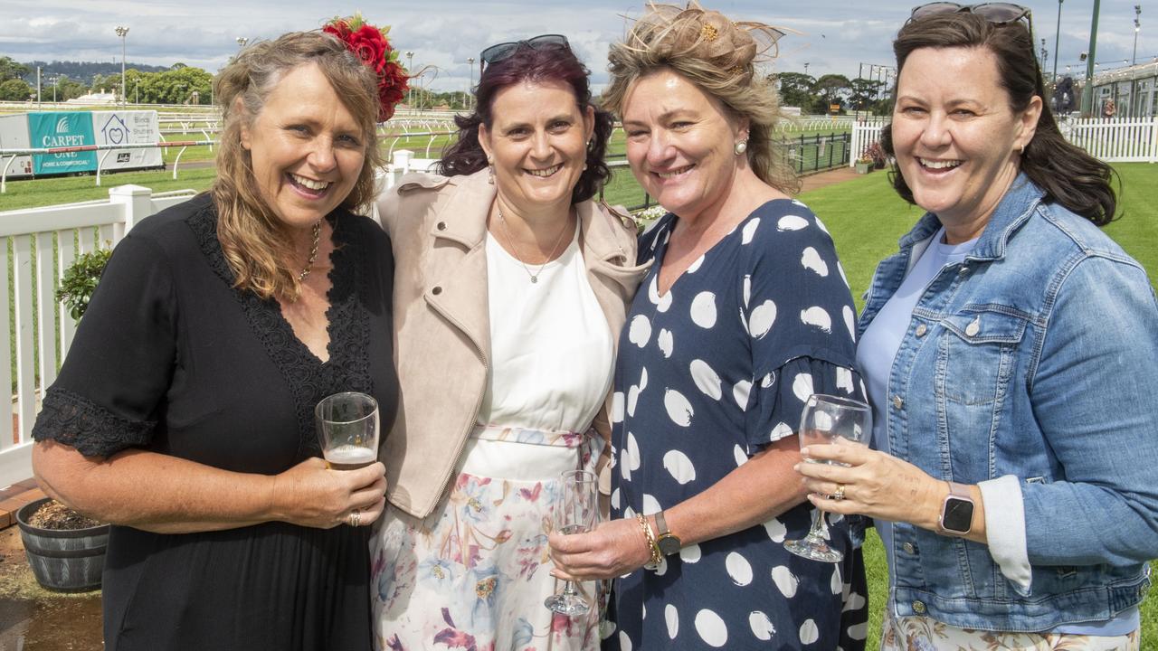 (from left) Michelle Lucas, Coralie Wall, Karen Zimmermann and Rachel Clark. Melbourne Cup Day at the Toowoomba Turf Club. Tuesday, November 1, 2022. Picture: Nev Madsen.