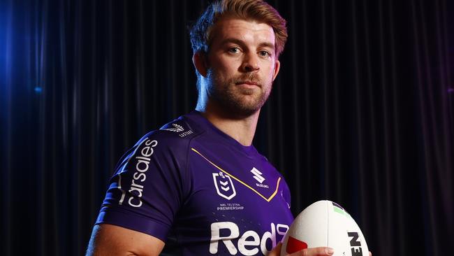 DAILY TELEGRAPH 4TH SEPTEMBER 2023 Pictured at the Telstra offices on George Street in Sydney for the 2023 NRL Finals Series media launch is Melbourne Storm captain Christian Welch. Picture: Richard Dobson