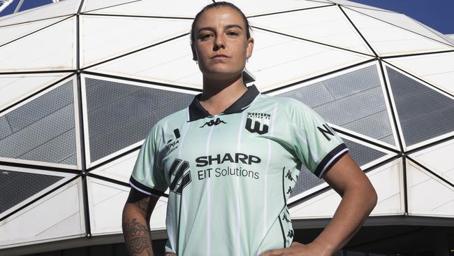 MELBOURNE, AUSTRALIA - OCTOBER 10: Chloe Logarzo of Western United poses for a photograph during the Melbourne Victory, Melbourne City & Western United 2024-25 A-League Season Launch Media Event at AAMI Park on October 10, 2024 in Melbourne, Australia. (Photo by Daniel Pockett/Getty Images)