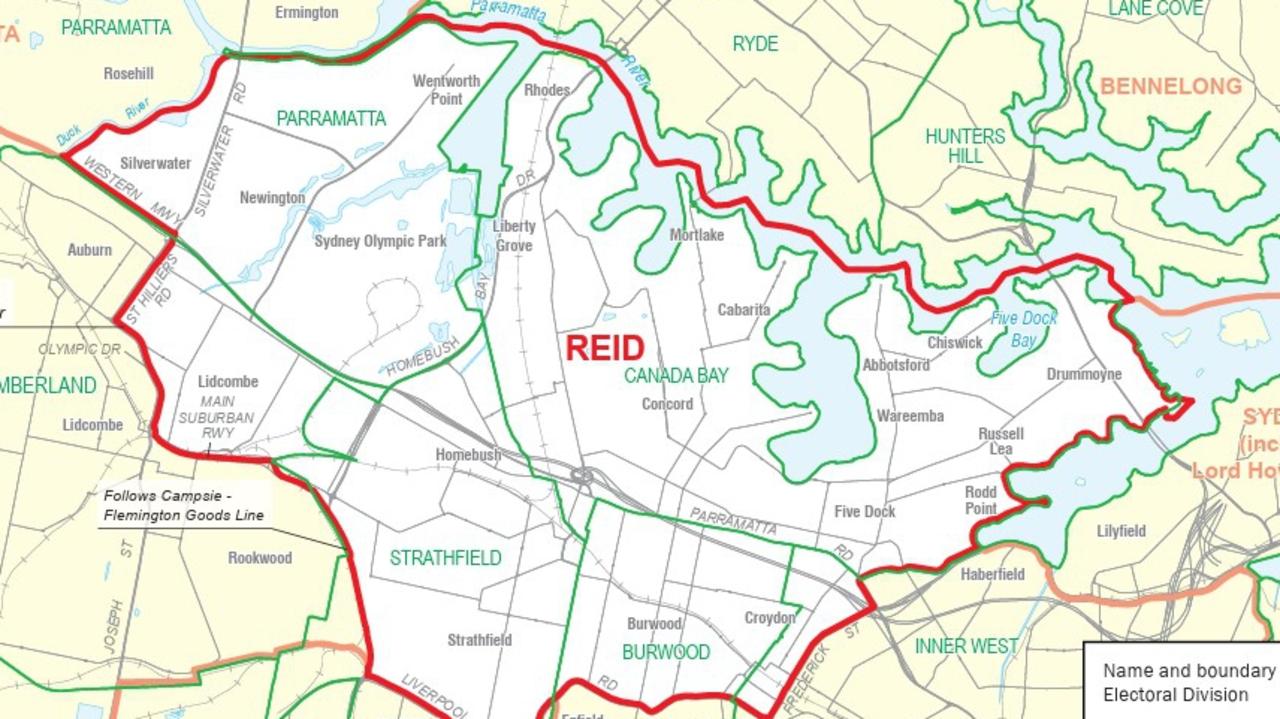 The boundaries of the federal seat of Reid in Sydney. Picture: AEC