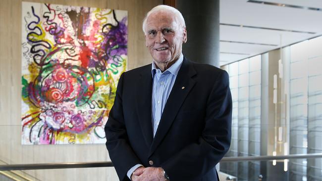 Property developer and philanthropist Lang Walker at his $3.2bn development Parramatta Square, with a large painting by Aboriginal artist Yaritji Young. Story is about Mr Walker and his Walker Family Foundation which has donated $20m to support a science academy for school students at the new Powerhouse Parramatta museum. Mr Walker commissioned Yaritji Young to paint the 6m x 8m painting for the 6 Parramatta Square tower. Jane Dempster/The Australian.