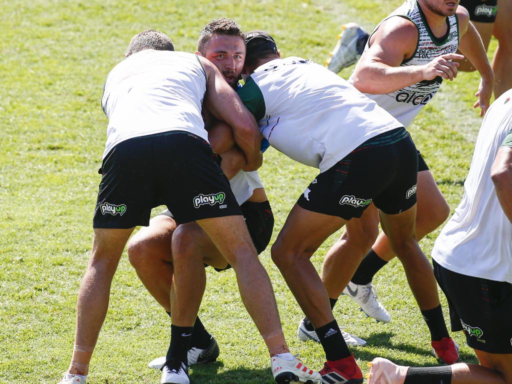 South Sydney Rabbitohs player, Sam Burgess, at a training session at Redfern Oval after splitting with wife Phoebe Burgess. Picture: Dylan Robinson