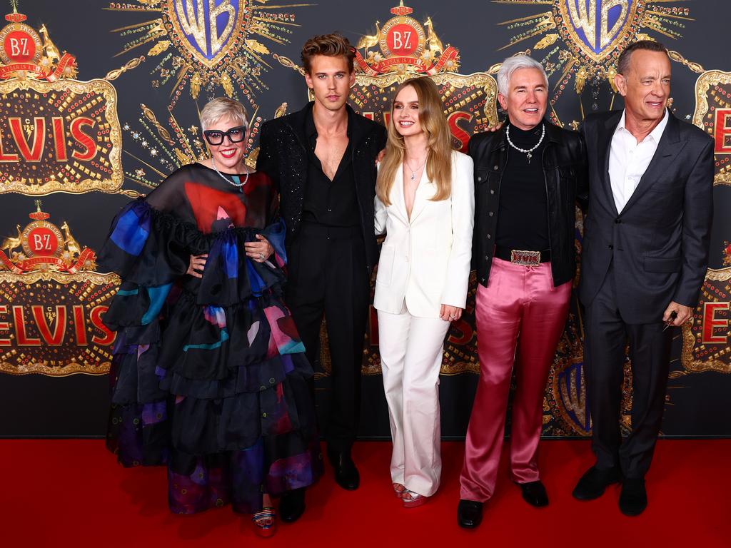 Catherine Martin, Austin Butler, Olivia DeJonge, Baz Luhrmann, Tom Hanks attend the Australian premiere of ELVIS at Event Cinemas Pacific Fair on June 04, 2022 in Gold Coast, Australia. (Photo by Chris Hyde/Getty Images)