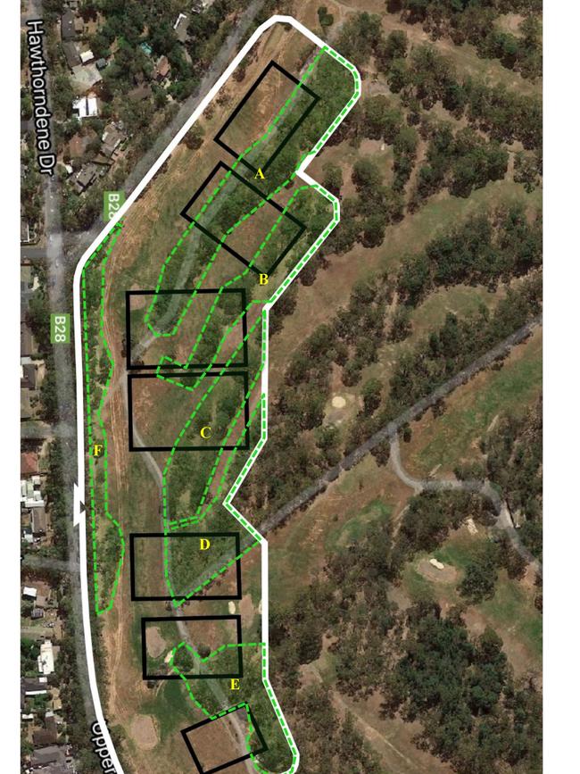 The site (white polygon) within Belair National Park of the new soccer ground proposed by Sturt Lions Football Club. Source: Arboricultural Report: Belair National Park, by Dean Nicolle.