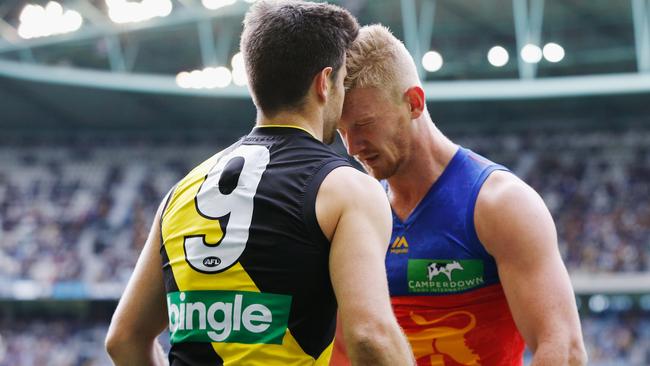 Nick Robertson was reported for this headbutt on Tigers’ captain Trent Cotchin. Pictute: Getty Images