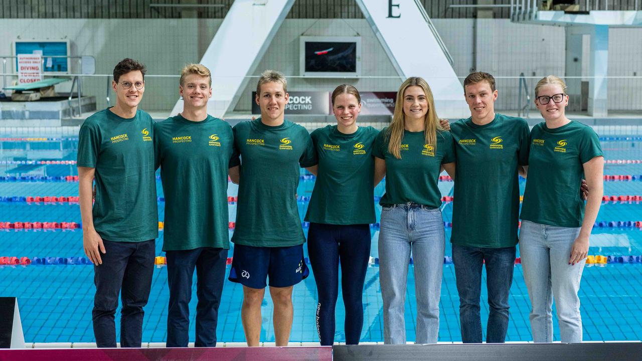 Mitch Larkin, Ty Hartwell, Will Martin, Lizzy Dekkers, Jenna Strauch, Zac Stubblety-Cook, Katja Dedekind at the Hancock Prospecting launch. Photo supplied Swimming Queensland