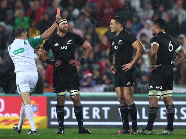 Sonny Bill Williams of the All Blacks is sent from the ground by referee Jerome Garces of France during the second test match between the New Zealand All Blacks and the British &amp; Irish Lions in, 2017. Picture: Hannah Peters/Getty Images