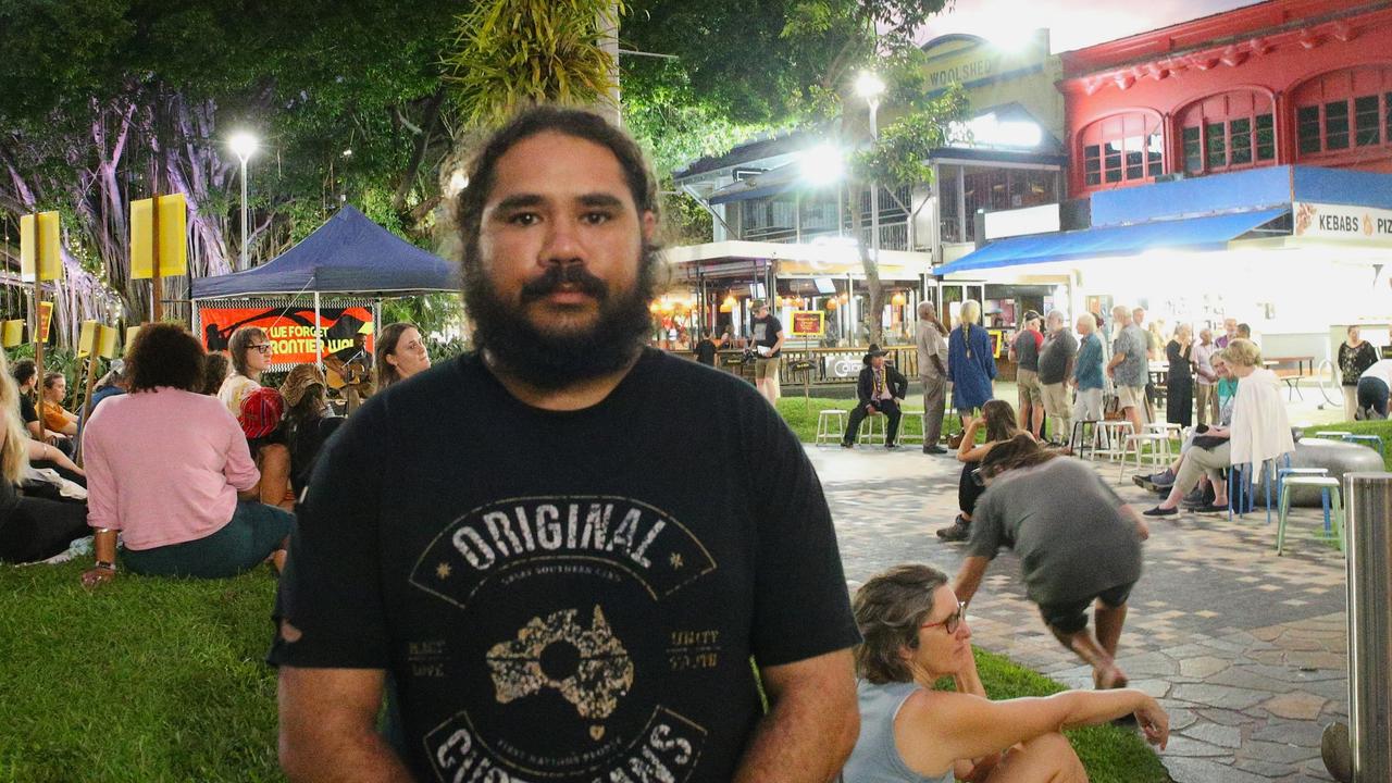 Gimuy Walubara man Jiritju Fourmile from the Yidinji nation at the Gimuy Frontier Wars and Truth Telling Memorial in Cairns City on Thursday. Picture: Elodie Jakes