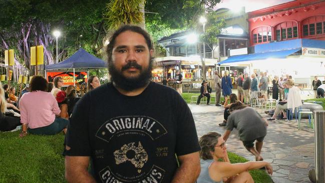 Gimuy Walubara man Jiritju Fourmile from the Yidinji nation at the Gimuy Frontier Wars and Truth Telling Memorial in Cairns City on Thursday. Picture: Elodie Jakes