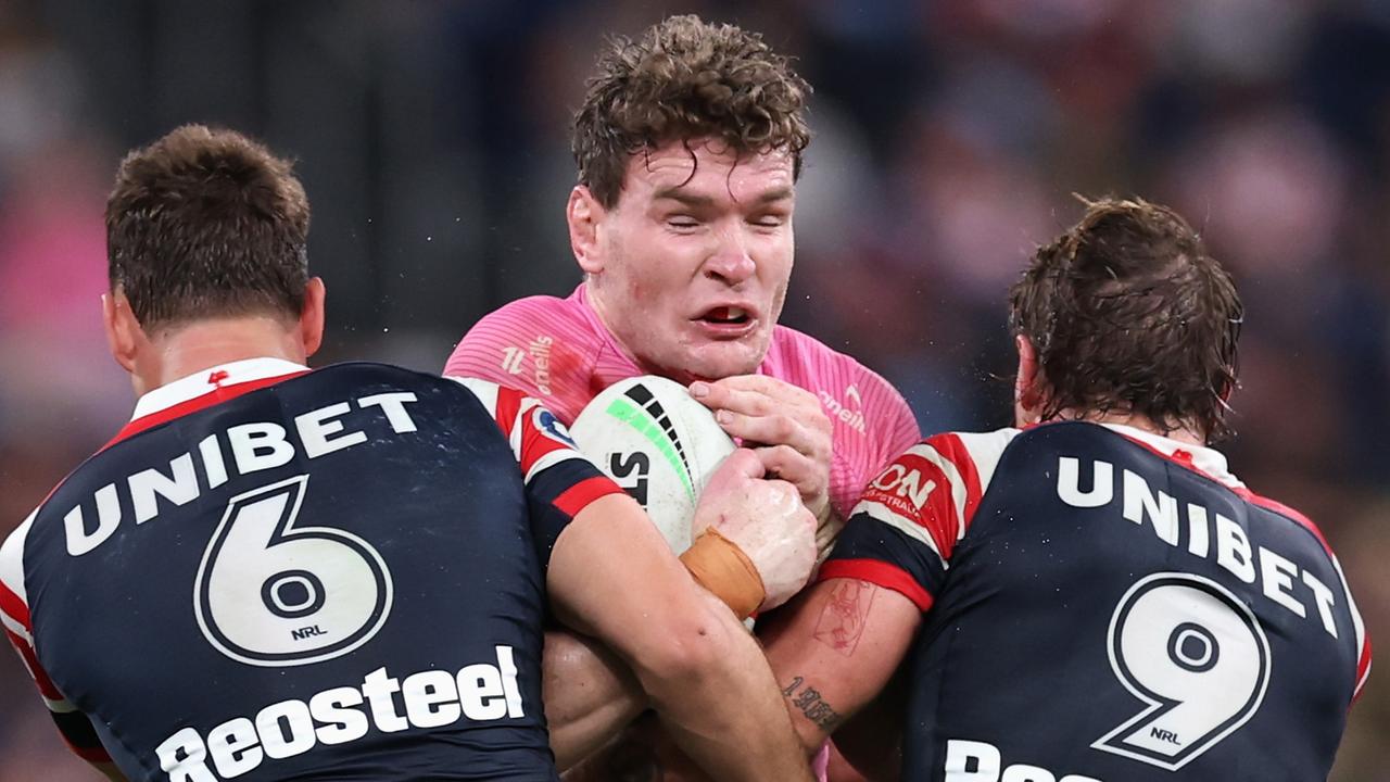 Liam Martin of the Panthers is tackled during the round seven NRL match between Sydney Roosters and Penrith Panthers at Allianz Stadium, on April 19, 2025, in Sydney, Australia. (Photo by Cameron Spencer/Getty Images)