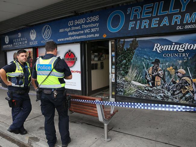 Police outside O'Reilly’s Firearms in Thornbury last week. Picture : Ian Currie