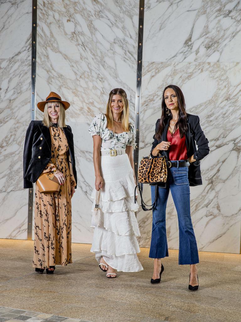 Artist Judy Brine (left), freelance fashion stylist Emily Whitlock (centre) and businesswoman Fiona Edwards Bassingthwaite (right) at Pacific Fair, Broadbeach, for Best Dressed 2019. Picture: Jerad Williams