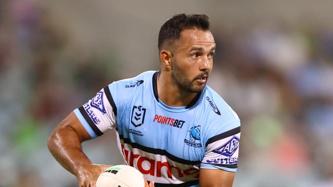 Sharks player Braydon Trindall of the Sharks in action during the round three NRL match with Canberra Raiders. Picture: Mark Nolan/Getty Images