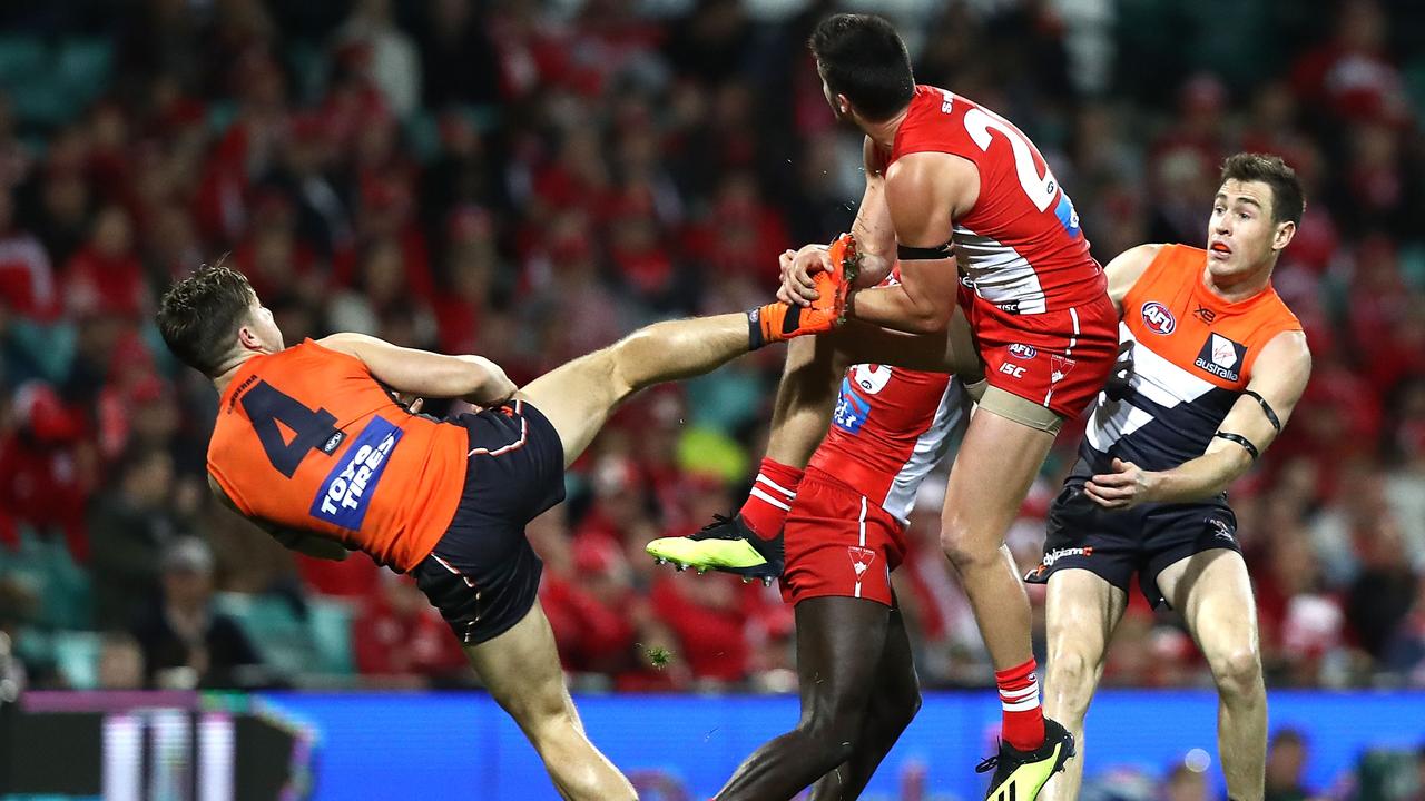 Toby Greene of the Giants used his foot while marking during Giants’ win over the Sydney Swans.