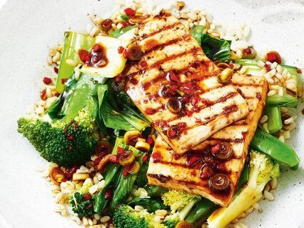 Grilled tofu with brown rice, Asian greens and chilli sesame dressing.