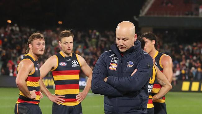 Crows coach Matthew Nicks after the loss during the 2023 AFL Round 23 match between the Adelaide Crows and the Sydney Swans at Adelaide Oval on August 19, 2023. Picture: Sarah Reed/AFL Photos via Getty Images