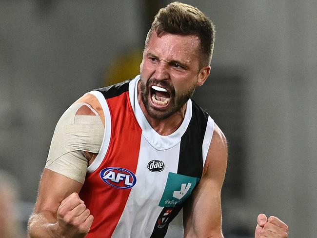 BRISBANE, AUSTRALIA - OCTOBER 03: Jarryn Geary of the Saints celebrates after scoring a goal during the AFL Second Elimination Final match between the St Kilda Saints and the Western Bulldogs at The Gabba on October 03, 2020 in Brisbane, Australia.  (Photo by Quinn Rooney/Getty Images)