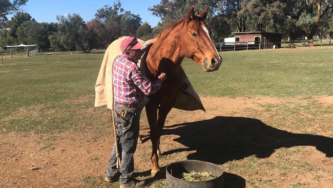 Paul St Vincent and a rugged up Henry (The Jackal) at home in Tamworth on a cold and sunny morning.