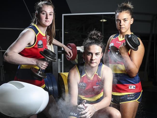 AFLW - Season Launch - Adelaide Crows players Sarah Allan, Eloise Jones and Ebony Marinoff in the West Lakes gym. Picture SARAH REED