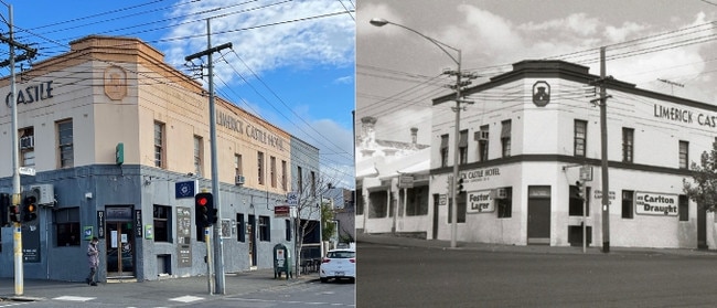 The Limerick Castle Hotel in 2021 and in the 1970s.