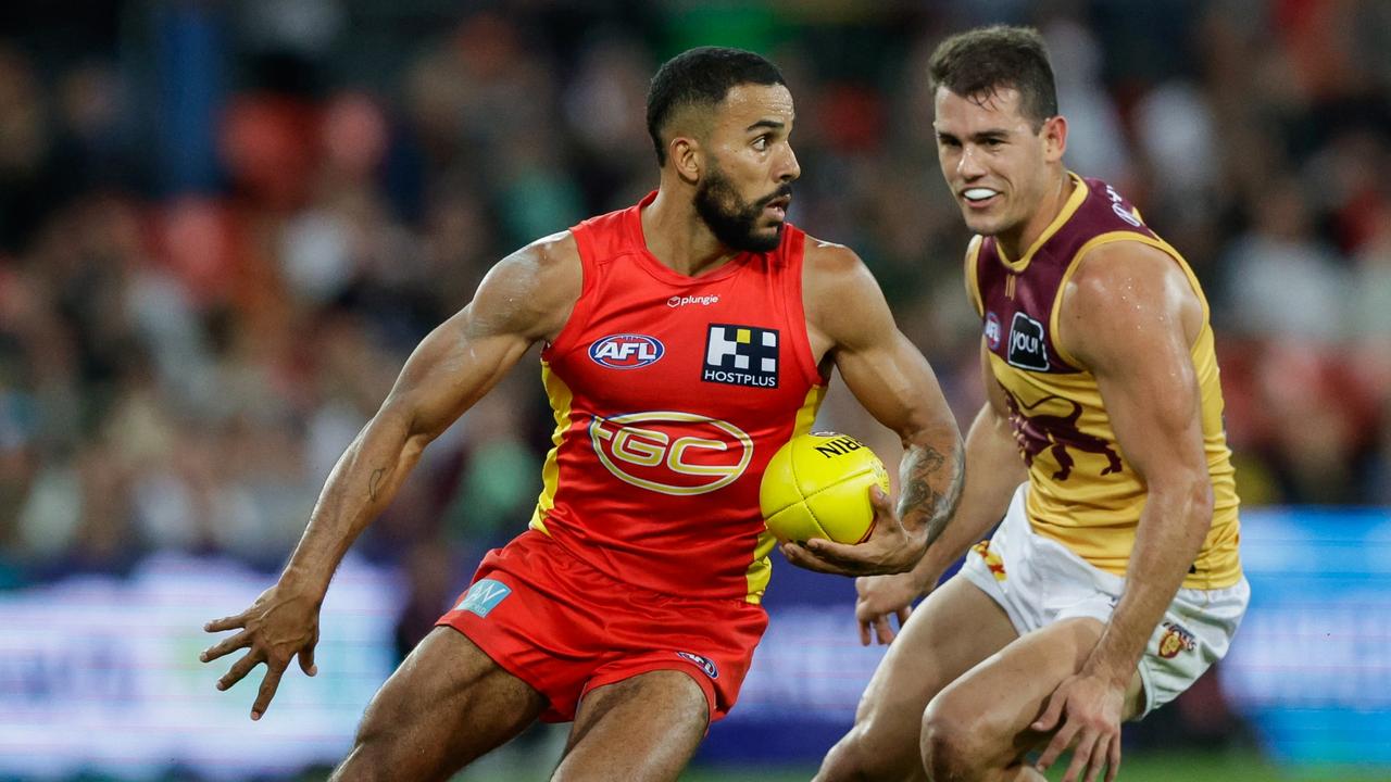 GOLD COAST, AUSTRALIA – JULY 29: Touk Miller of the Suns in action during the 2023 AFL Round 20 match between the Gold Coast SUNS and the Brisbane Lions at Heritage Bank Stadium on July 29, 2023 in Queensland, Australia. (Photo by Russell Freeman/AFL Photos via Getty Images)