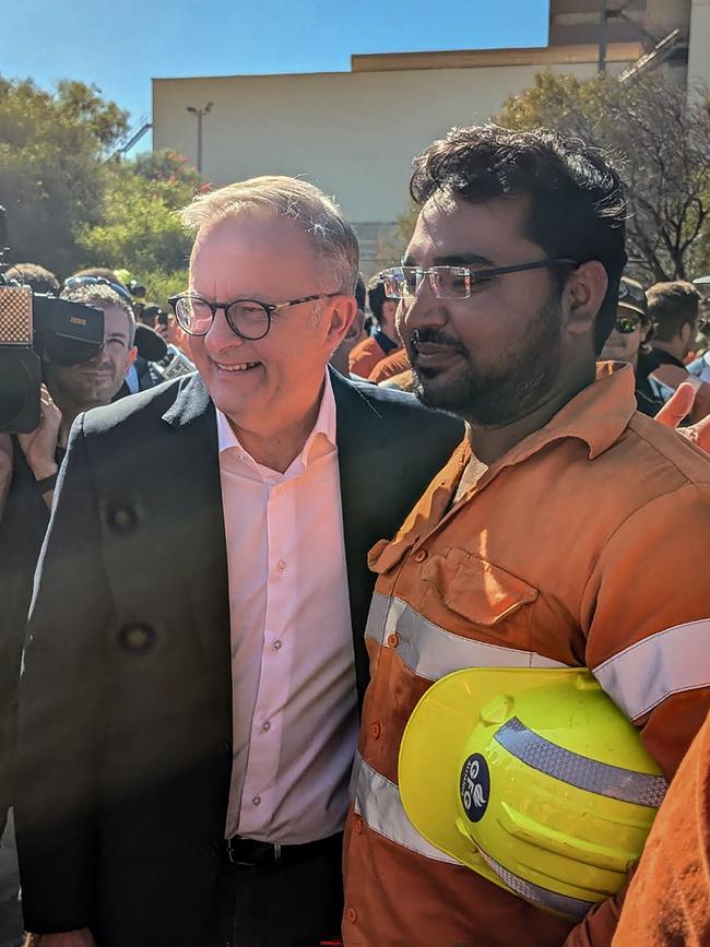 Visiting with workers at Whyalla Steelworks in South Australia today. Picture: NewsWire / Tim Joy