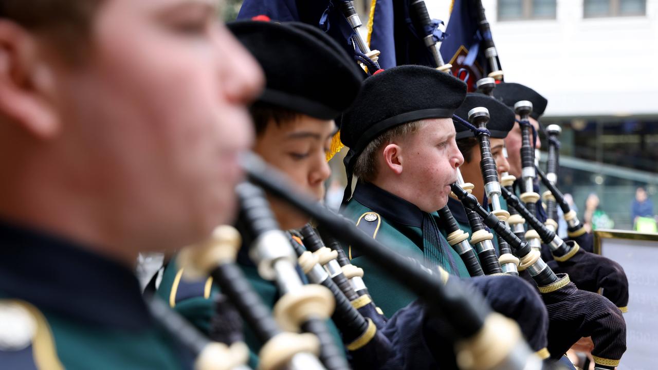 Bagpipers at the memorial service for Lang Walker AO at the Sydney Town Hall. Picture: NCA NewsWire / Damian Shaw