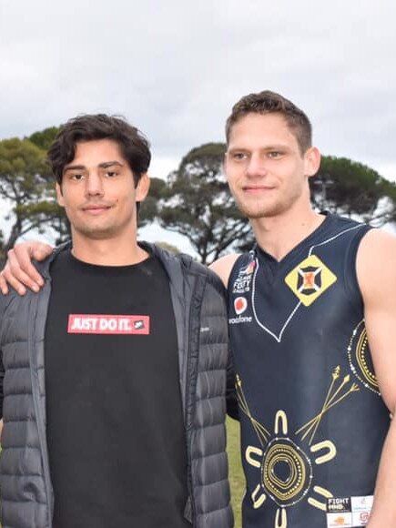 Jy Farrar (right) pictured with cousin and Adelaide Crows and former Scotch player Shane McAdam. Picture: Scotch Old Collegians Football Club