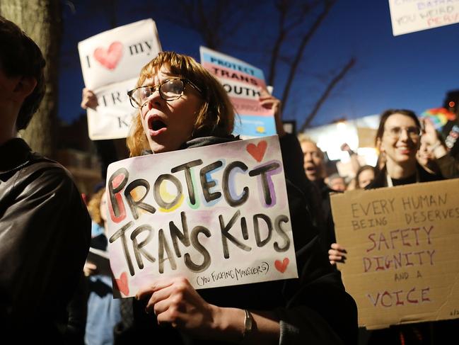 NEW YORK, NY - FEBRUARY 23:  Hundreds protest a Trump administration announcement this week that rescinds an Obama-era order allowing transgender students to use school bathrooms matching their gender identities, at the Stonewall Inn on February 23, 2017 in New York City. Activists and members of the transgender community gathered outside the historic LGTB bar to denounce the new policy.  (Photo by Spencer Platt/Getty Images)