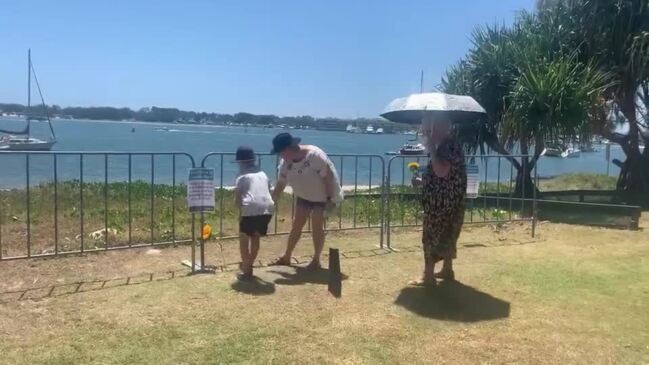 First floral tribute placed at memorial for Monday's helicopter crash victims at Broadwater Parklands on the Gold Coast