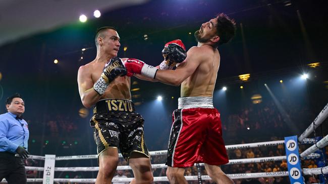 Tim Tszyu defeats Carlos Ocampo with a first round knockout in his first world title defence. Picture: No Limit Boxing