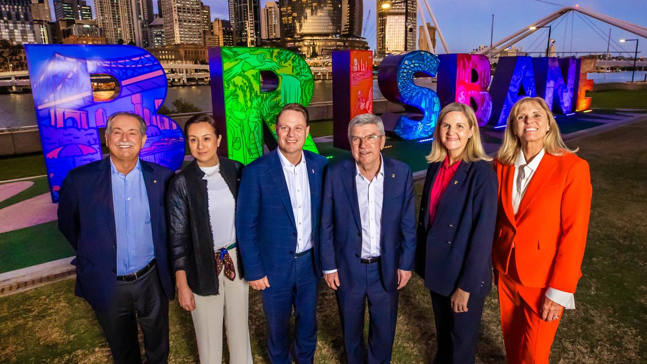 The Brisbane 2032 Coordination Commission, Brisbane 2032 President Andrew Liveris, Mikaela Cojuangco Jaworski Brisbane 2032 IOC Coordination Chair, Brisbane Lord Mayor Adrian Schrinner, IOC President Thomas Bach, IOC President Elect Kirsty Coventry and Brisbane 2032 CEO Cindy Hook tour the newly refreshed Brisbane sign at Southbank. Picture: Nigel Hallett