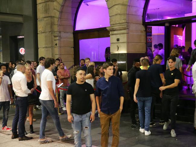 The Establishment on George Street, Sydney had lines around the corner waiting to get in after the Lockout Laws were reversed. The rest of Sydney was quiet and clearly wasn't doing a roaring trade.Patrons at the Establishment were free to exit the venue after 1:30 am, which most took advantage of being able to smoke. Frankies on Hunter Street had patrons entering and leaving after the old lockout time. Pics Bill Hearne