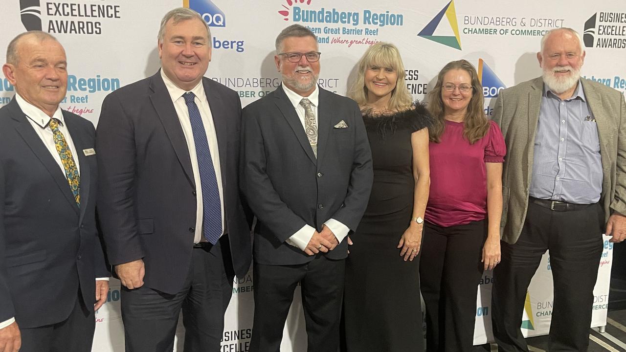 Bundaberg Regional Council including Councillor Vince Haberman, Mayor Jack Dempsey, Councillor Tracy McPhee, Councillor Tanya McLoughlin and Councillor Bill Trevor together with Bundaberg Chamber of Commerce President Tim Sayre (third from left) enjoyed the 2023 Bundaberg &amp; District Business Excellence Awards.