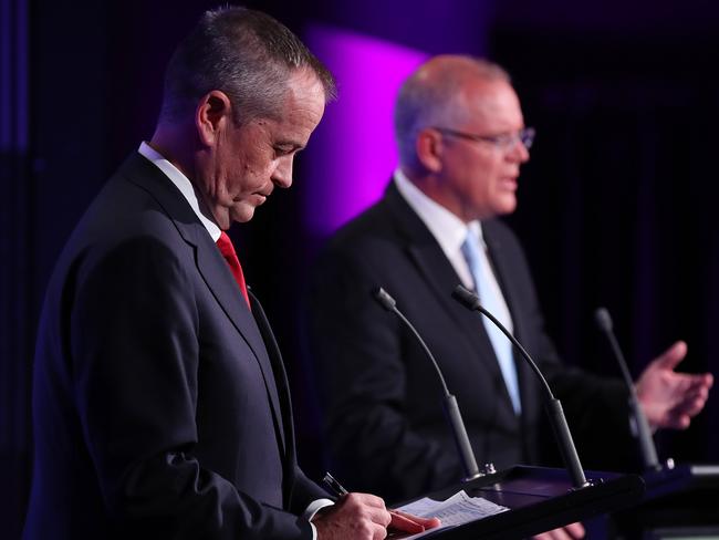 CANBERRA, AUSTRALIA - MAY 8: In this handout image provided by News Corp Australia, Prime Minister Scott Morrison and Labor leader Bill Shorten take part in  "The Leaders' Debate'' at the National Press Club on May 8, 2019 in Canberra, Australia. (Photo by Liam Kidston/News Corp Australia via Getty Images)